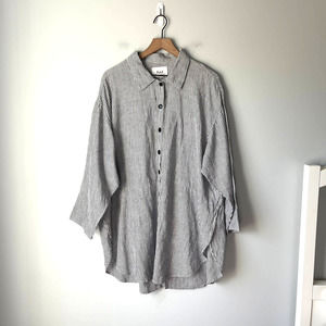 FLAX Women's Blue White Stripe 100% Linen Button Front Tunic Lagenlook Size S